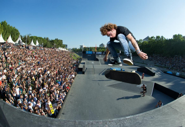 Adrien Bulard skateboarding at FISE World Series Montpellier